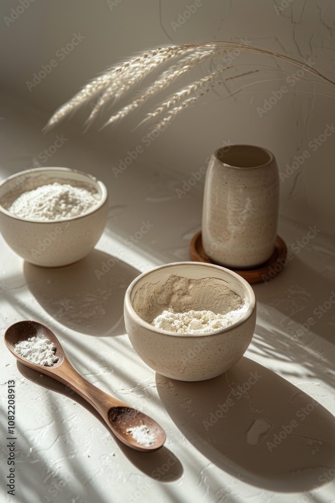Containers for powdered milk and cream in a clean kitchen, perfect for a minimalist style Containers for powdered milk and cream in a clean kitchen, perfect for a minimalist style