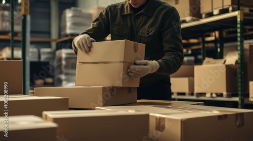 Warehouse Worker Packing Boxes for Shipment: Emphasizing Manual Packing Process, Efficiency, and Accuracy in Preparing Packages for Dispatch with Detailed View of Packing Process and Materials