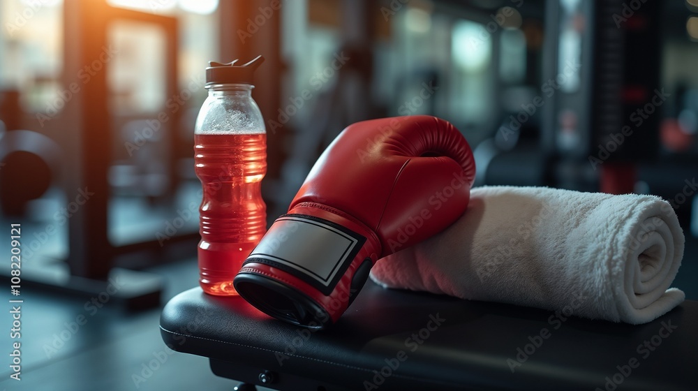 Naklejka premium A boxing glove rests on a gym bench next to a towel and a sports drink at a fitness center during the late afternoon