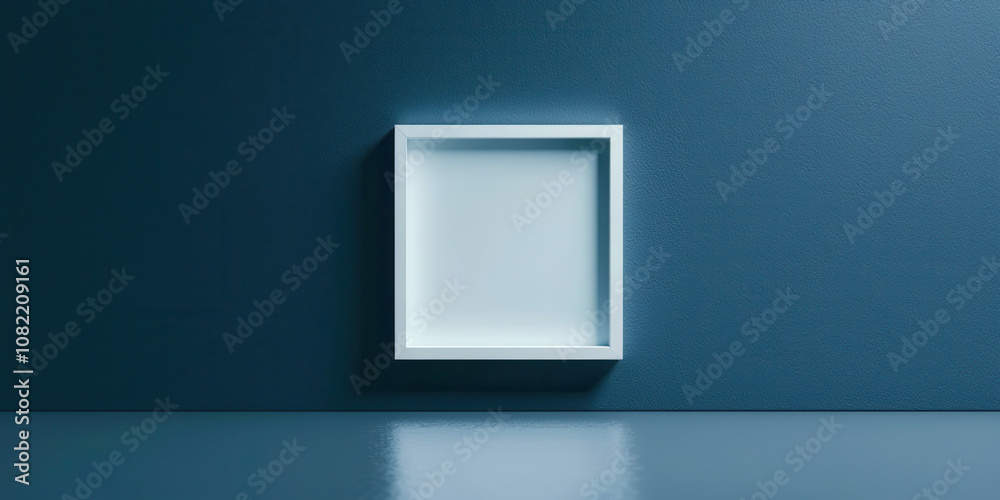 A white frame is standing in front of a blue wall A white frame is standing in front of a blue wall
