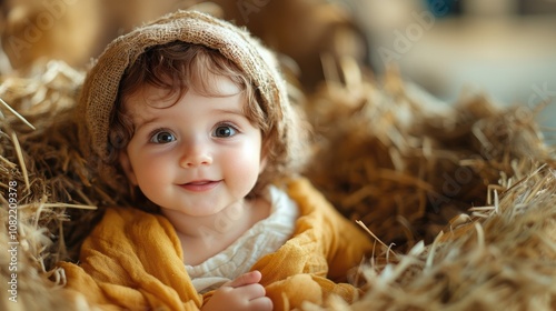 Nativity scene, cute smiling baby sitting in haystack. Christian scene with baby Jesus.