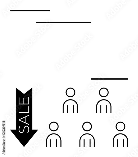 Black arrow with SALE pointing downward next to six minimalist people icons. Ideal for marketing, retail, consumer behavior, demographics, business, signage, visual communication. Line metaphor