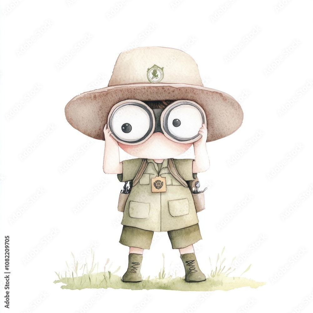 cute little ranger with ranger uniform and hat with a badge looking through binoclulars, isolated on a white background, minimal style,тchildren's book aesthetic cute little ranger with ranger uniform and hat with a badge looking through binoclulars, isolated on a white background, minimal style,тchildren's book aesthetic