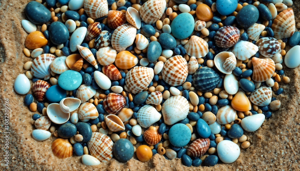 Colorful seashells and stones on a sandy background Colorful seashells and stones on a sandy background