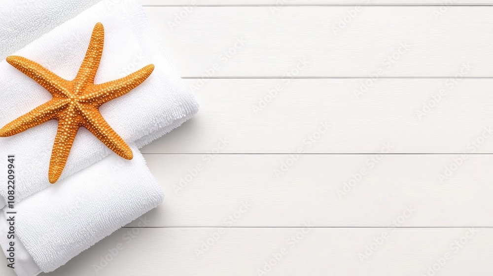 A relaxing summer escape with a white towel and starfish resting on a rustic wooden surface, perfect for beach lovers seeking tranquility A relaxing summer escape with a white towel and starfish resting on a rustic wooden surface, perfect for beach lovers seeking tranquility