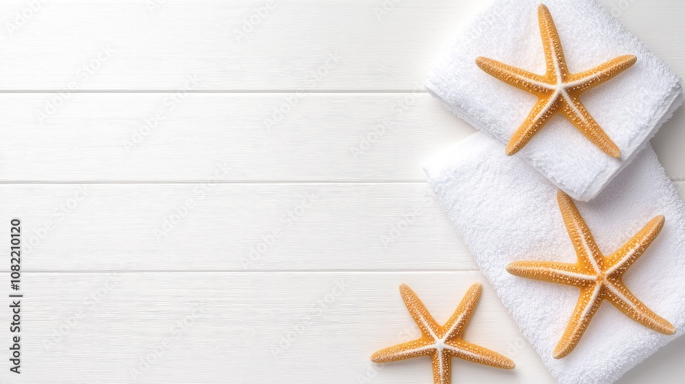 Relaxing spa atmosphere with soft towels and starfish on a serene white wooden background, creating a calm and inviting space Relaxing spa atmosphere with soft towels and starfish on a serene white wooden background, creating a calm and inviting space