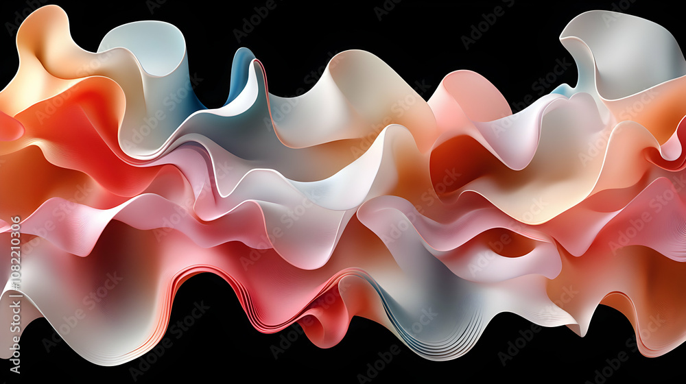 Abstract 3D Render of Flowing, Pastel-Colored Waves on Black Background Abstract 3D Render of Flowing, Pastel-Colored Waves on Black Background