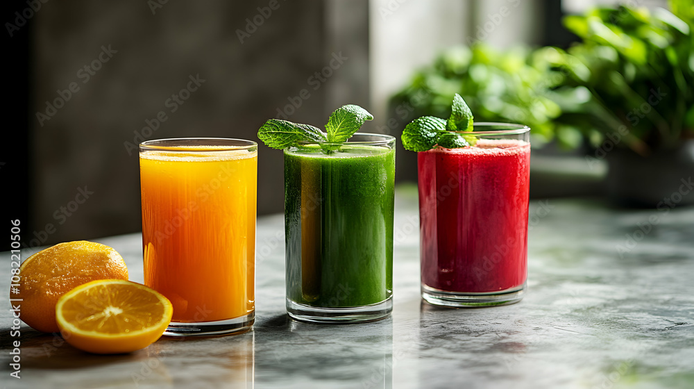 Fototapeta premium Refreshing Juice Trio: Orange, Green, and Beetroot Smoothies in Glasses, Garnished with Mint, Displayed on a Marble Tabletop