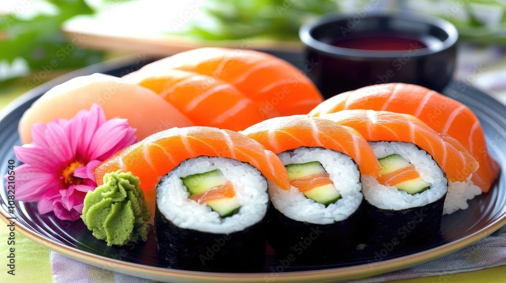 Freshly Prepared Sushi Rolls and Slices of Salmon Served on a Decorative Plate with Wasabi and Pickled Ginger for a Colorful Culinary Experience Freshly Prepared Sushi Rolls and Slices of Salmon Served on a Decorative Plate with Wasabi and Pickled Ginger for a Colorful Culinary Experience