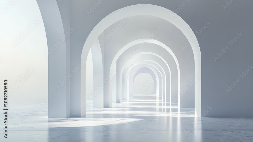 A long white hallway with a series of arches leading to a bright light at the end. A long white hallway with a series of arches leading to a bright light at the end.