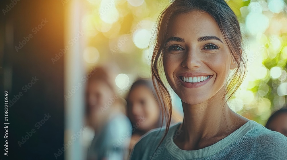 Smiling woman with natural beauty and warm expression in soft sunlight, surrounded by friends creating a cheerful and lively atmosphere of joy and connection Smiling woman with natural beauty and warm expression in soft sunlight, surrounded by friends creating a cheerful and lively atmosphere of joy and connection