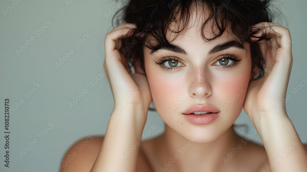 Close-up Portrait of a Woman with Curly Hair, Gently Touching her Face, Soft Light, Natural Beauty Close-up Portrait of a Woman with Curly Hair, Gently Touching her Face, Soft Light, Natural Beauty