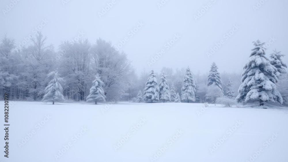 Snow-covered landscape with bare trees, creating a serene winter atmosphere, frosty, landscape Snow-covered landscape with bare trees, creating a serene winter atmosphere, frosty, landscape