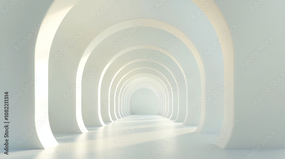 A long, white hallway with arched doorways, creating a sense of depth and perspective. A long, white hallway with arched doorways, creating a sense of depth and perspective.