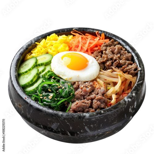 Bibimbap with meat on transparent background. 