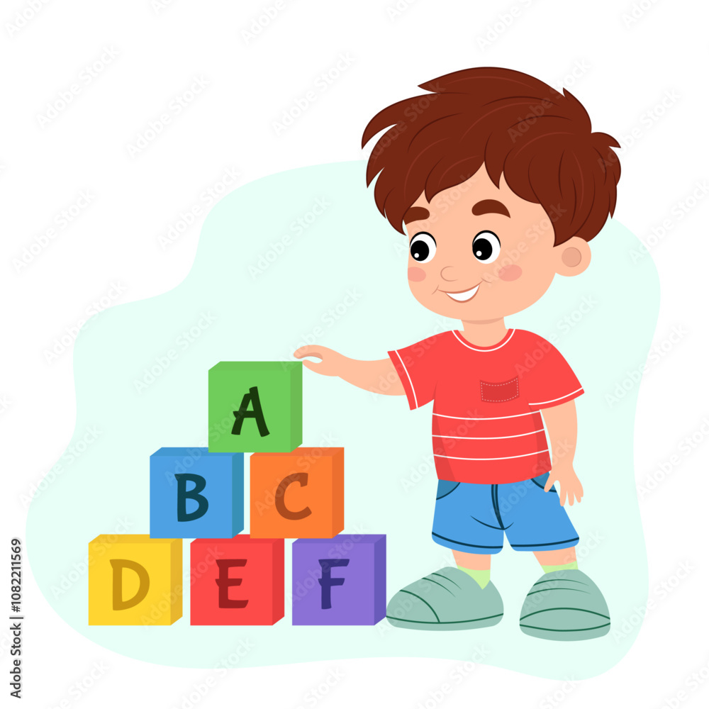 Cute little boy playing with colorful cubes with letters of the alphabet, preschool learning, cartoon style, educational games Cute little boy playing with colorful cubes with letters of the alphabet, preschool learning, cartoon style, educational games