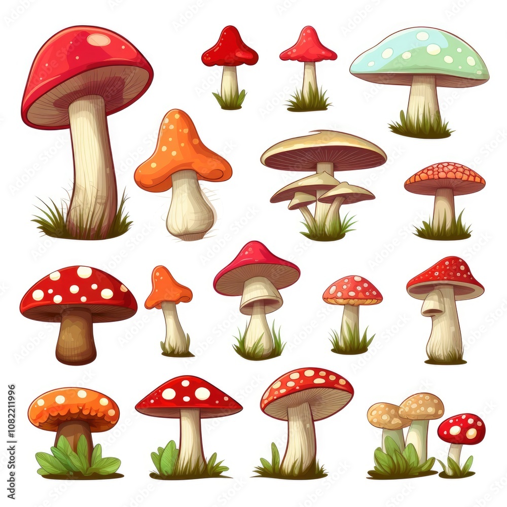Vibrant red mushrooms collection on white background Vibrant red mushrooms collection on white background