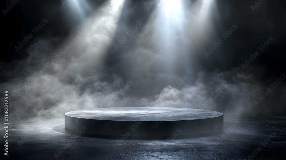 Dramatic 3D Render of a Circular Stone Pedestal in a Smoky, Spotlit Setting