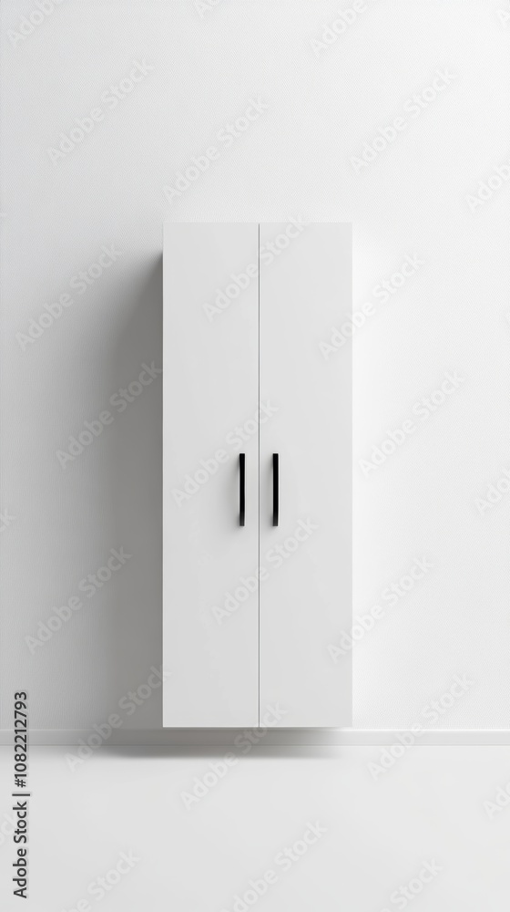 Modern minimalist white cabinet with black handles against a plain wall in a contemporary interior setting Modern minimalist white cabinet with black handles against a plain wall in a contemporary interior setting