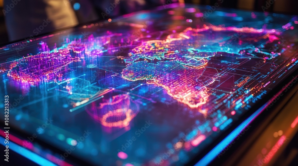 A glowing, digital world map with data visualizations.