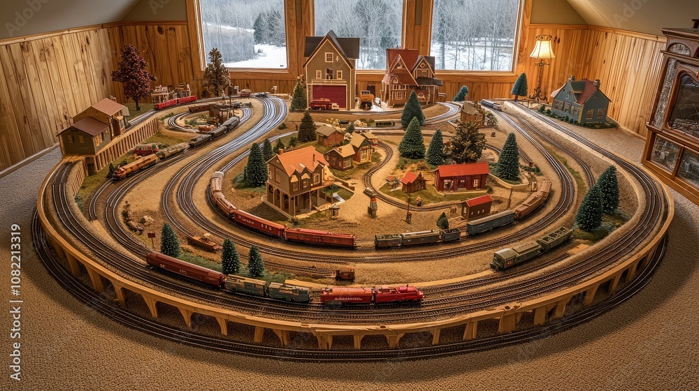 Obraz premium Scenic Model Train Layout Featuring Detailed Town and Landscape in Cozy Cabin Setting with Vintage Trains, Christmas Decorations, and Scenic Background