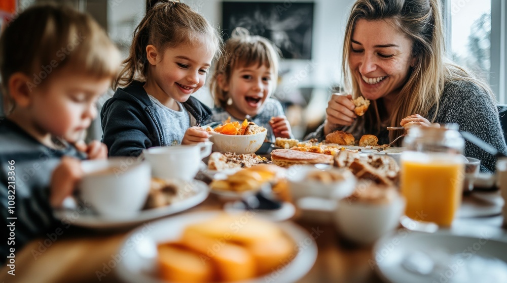 Joyful Family Breakfast Scene with Happy Children Enjoying Healthy Food and Drinks Together Around the Table in a Bright and Cheerful Kitchen Setting Joyful Family Breakfast Scene with Happy Children Enjoying Healthy Food and Drinks Together Around the Table in a Bright and Cheerful Kitchen Setting