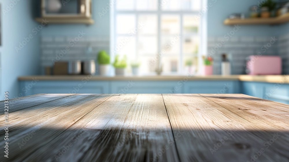 Rustic wooden tabletop in focus with blurred modern kitchen background, showcasing blue walls and natural light from window, perfect for product display. Rustic wooden tabletop in focus with blurred modern kitchen background, showcasing blue walls and natural light from window, perfect for product display.