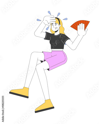 Young caucasian woman suffering from heatwave 2D cartoon character. Upset female with hand fan swiping sweat from forehead isolated person flat vector on white background. Spot illustration colorful