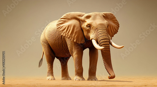 A Majestic African Elephant Stands in a Desert, 3D Render, Wildlife Illustration, Detailed Texture, Powerful Animal, Tranquil Background photo