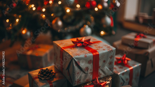 Beautifully wrapped gifts under decorated Christmas tree. Nice decorative paper and ribbons for wrapping presents. Seasonal winter photography.