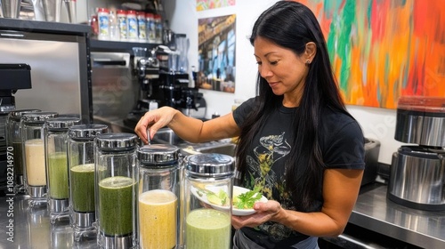 Woman in a vibrant cafe preparing healthy green juices, focused on selecting fresh ingredients for a nutritious beverage to promote wellness and vitality.