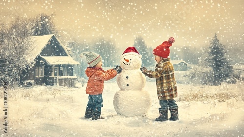 Classic Christmas Scene: Snowy Fun with a Snowman photo