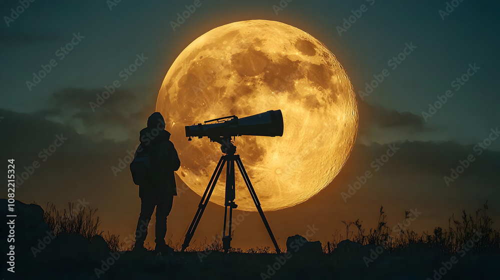 Silhouette of Person Using Telescope to Observe a Large, Bright Full Moon at Night Silhouette of Person Using Telescope to Observe a Large, Bright Full Moon at Night