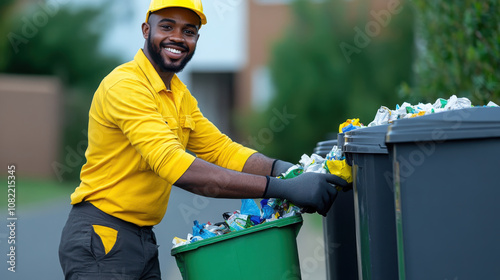 A cheerful waste collector in a yellow uniform places recyclables into trash bins on a street, promoting cleanliness and environmental responsibility. photo