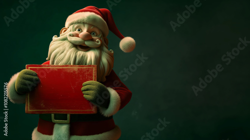 Santa Claus on a green backgroundholding empty red banner, copy space for text background. Winter sales, greeting card, message. Template with Christmas theme. photo