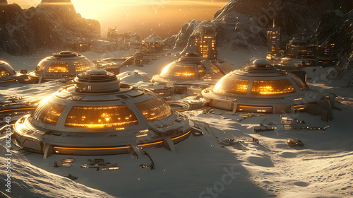 Fototapeta Naklejka Na Ścianę i Meble -  Futuristic Dome Habitats Glimmer on a Snowy Alien Planet at Sunset, a Breathtaking Sci-Fi 3D Render