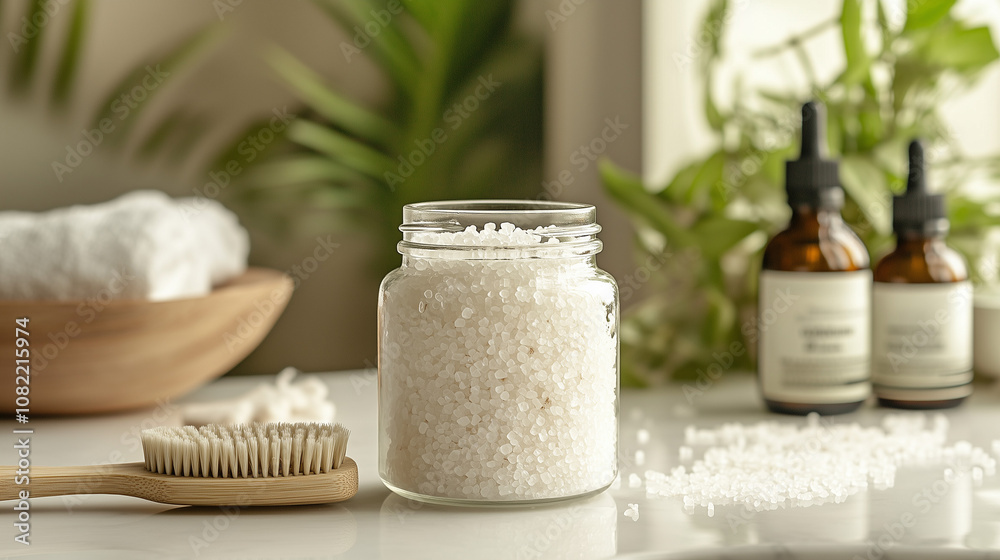 White bath salts in glass jar with oils and spa accessories White bath salts in glass jar with oils and spa accessories