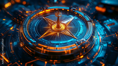 Wallpaper Mural Futuristic 3D Compass: Golden Star Navigation System Glows Brightly in Abstract Tech Background Torontodigital.ca