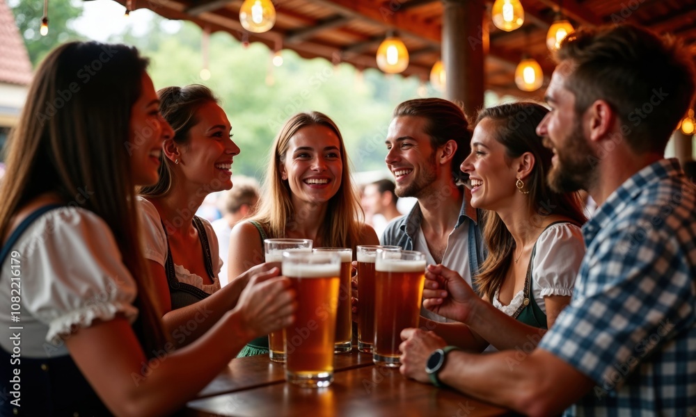 Group of friends enjoying beers at an outdoor bar, laughing and bonding in a festive atmosphere Group of friends enjoying beers at an outdoor bar, laughing and bonding in a festive atmosphere