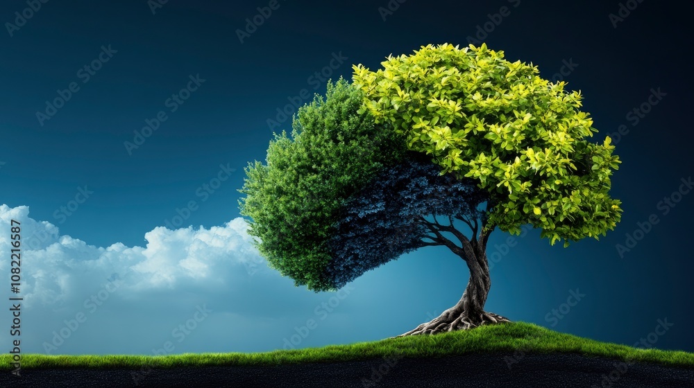 Tree with Green and Blue Leaves Under a Cloudy Sky Tree with Green and Blue Leaves Under a Cloudy Sky