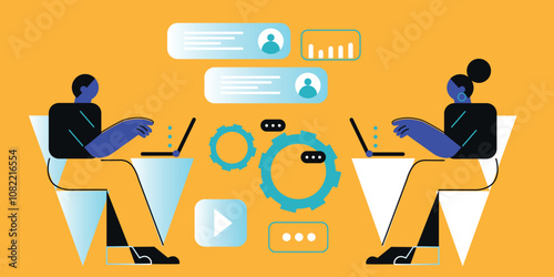 Business Marketing illustrations. Collection of scenes with men and women taking part in business activities. Team man and woman talk, discussion together. Vector modern flat illustration.	
