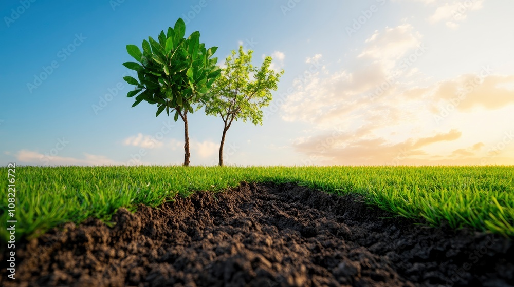 Obraz premium Two Trees in a Field at Sunset