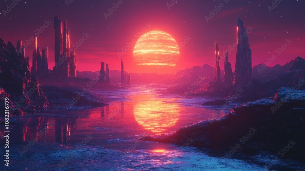 Naklejka premium A red sun sets over a fantastical alien landscape, casting a fiery glow over a serene lake and jagged rock formations.
