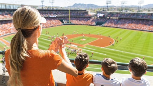 Cheerful Fans Enjoying a Day at the Ballpark with Orange Apparel While Watching a Baseball Game on a Sunny Afternoon in the Stadium photo