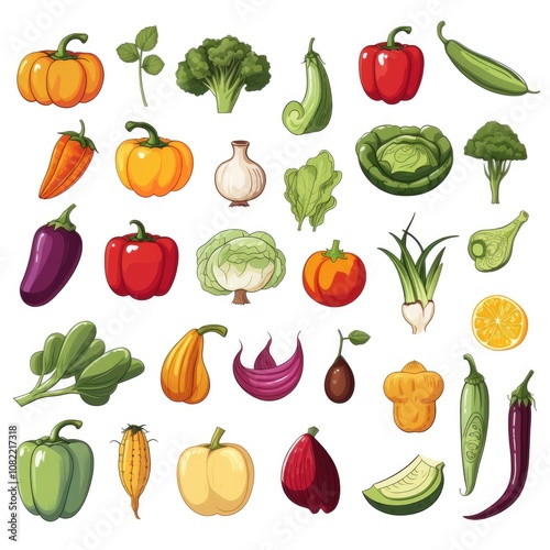 Colorful array of fresh vegetables and fruits on a white background