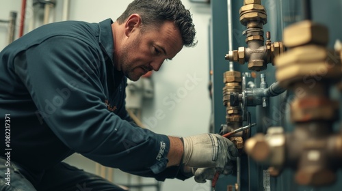 An industrial gas system technician inspecting gas lines for potential issues, using tools to perform repairs and maintenance photo