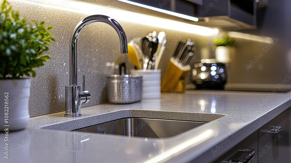 Modern Kitchen with Stainless Steel Sink and Yellow Lighting Modern Kitchen with Stainless Steel Sink and Yellow Lighting