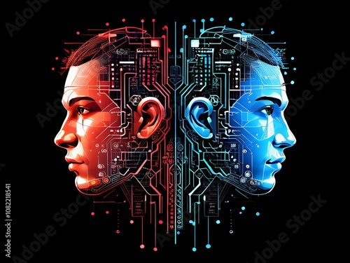 Split cover, one half traditional, other half digital circuits and neural networks, emphasize AI and human duality in sports photo