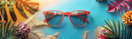 Sunglasses on a blue surface with flowers and sand, travel concept, food background, banner photo