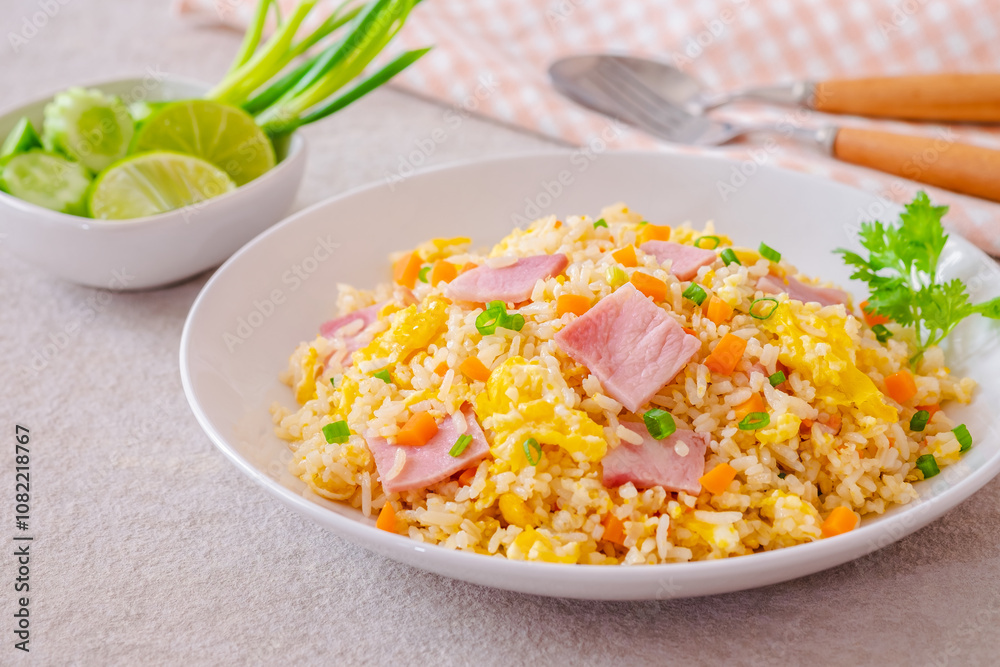 Fried rice with ham pork on white plate Fried rice with ham pork on white plate
